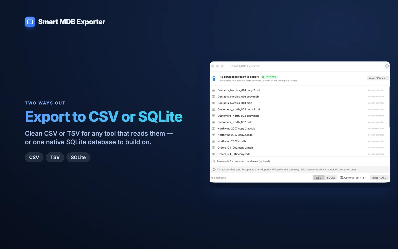 Choosing between CSV output and a single SQLite database, with separator and encoding options